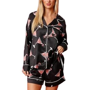 Faretumiya Women Christmas Pajamas Shorts Sets Xmas Printed Long Sleeve Button Down Shirt Lounge Set 2 Piece Pjs Sleepwear