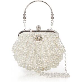 BABEYOND Women Pearl Clutch Purse - Bucket Beaded Bridal Evening Bag Formal Reticulated Bag with Inner Bag for Party Wedding