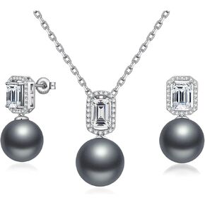 12MM Black Pearl Jewelry Set for Women, Sterling Silver Halo Stud Earrings Emerald Cut Simulated Diamond Dangle Pendant Necklace