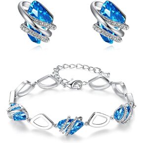 Leafael Wish Stone Stud Earrings, and Bracelet Jewelry Set for Women, March December Birthstone Aquamarine Blue Crystal Jewelry, Silver Tone Gifts for Women