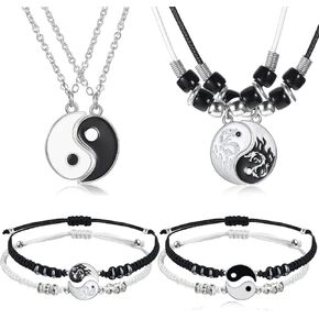 8 Pieces Matching Yin Yang Pendant Necklace Bracelet Set Couple Necklace Adjustable Cord Bracelet Black White Bracelet Accessories for BFF Friendship (Chic Style)