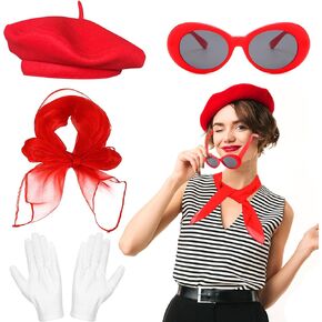 French Women set, Women Fancy Dress Costume Accessories Set French Artist Mime Kit with Red Beret Scarf Sunglasses Gloves for Cosplay Party Supplies Dress Up