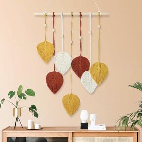 MIPON Macrame Wall Hanging Leaves Decor,Boho Handmade Woven Leaf Tassels Tapestry Gift Ideas for Nursery, Bedroom, Living Room, 15.8 X 28 Inch(Yellow)