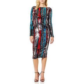 Dress the Population Women's Emery Long Sleeve Stretch Sequin Midi Sheath