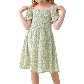 GORLYA Girls Puff Sleeve Square Neck Boho Frilly Smocked Shirred Flared Midi Dress 4-14T