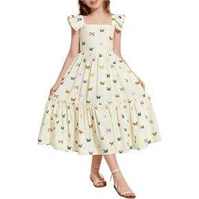 Floerns Girl's Butterfly Print Ruffle Sleeve A Line Dress Square Neck Midi Dress