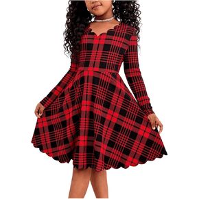 SweatyRocks Girl's Plaid Dress A Line V Neck Long Sleeve Scallop Casual Party Dresses