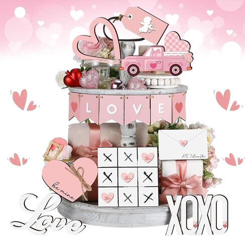 Umigy 14 قطعة عيد الحب مجموعة ديكور صينية متدرجة ديكور طاولة عيد الحب الخشبي ديكور طاولة عيد الحب الوردي القلب الحب مزرعة عيد الحب ديكور صينية متدرجة لديكور مطبخ عيد الحب in Kuwait