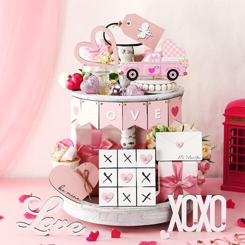 Umigy 14 قطعة عيد الحب مجموعة ديكور صينية متدرجة ديكور طاولة عيد الحب الخشبي ديكور طاولة عيد الحب الوردي القلب الحب مزرعة عيد الحب ديكور صينية متدرجة لديكور مطبخ عيد الحب in Kuwait