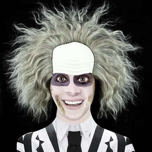 Men Green Bettlejuice Wig Cosplay Fluffy Wig Short Bald Silver Wigs for Halloween in Saudi Arabia