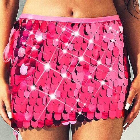 Aukmla Sequin Mini Skirts Sparkly Belly Dance Hip Skirts Party Rave Disco Hip Wrap for Women in Kuwait