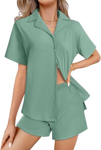 Ekouaer Womens Pajama Sets 2 Piece Cotton Pjs Button Down Sleepwear Short Sleeve Lounge Set with Pockets in Saudi Arabia