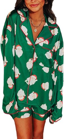 Faretumiya Women Christmas Pajamas Shorts Sets Xmas Printed Long Sleeve Button Down Shirt Lounge Set 2 Piece Pjs Sleepwear in Kuwait