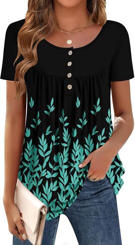 Zeagoo Women Tunic Tops Dressy Casual Summer Short Sleeve Shirts Floral Loose Fit Pleated Boho Top S-XXL in Saudi Arabia