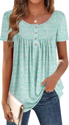 Zeagoo Women Tunic Tops Dressy Casual Summer Short Sleeve Shirts Floral Loose Fit Pleated Boho Top S-XXL in Saudi Arabia