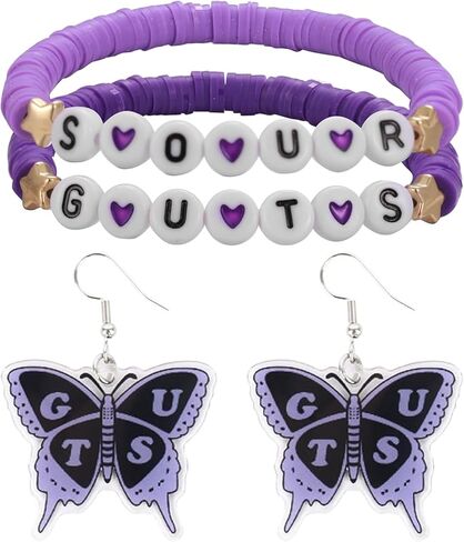 Olivia 𝑮𝑼𝑻𝑺 𝑺𝑶𝑼𝑹 Bracelet Earrings Set, Earrings Acrylic Purple Butterfly, Pottery Bracelet Jewelry Concert Inspired Earrings, Merch Accessories Costume Fans Gifts in Saudi Arabia