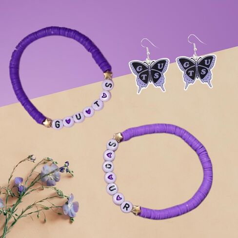 Olivia 𝑮𝑼𝑻𝑺 𝑺𝑶𝑼𝑹 Bracelet Earrings Set, Earrings Acrylic Purple Butterfly, Pottery Bracelet Jewelry Concert Inspired Earrings, Merch Accessories Costume Fans Gifts in Saudi Arabia