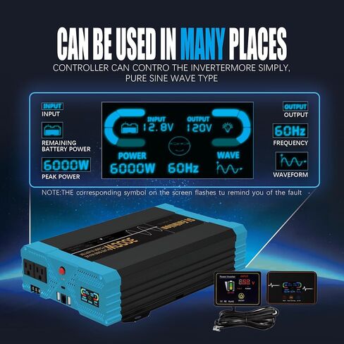 3000W/6000W(Peak) Pure Sine Wave Car Power Inverter 24V DC to 110V AC LCD Display, USB Port, Two Remote Control in Saudi Arabia