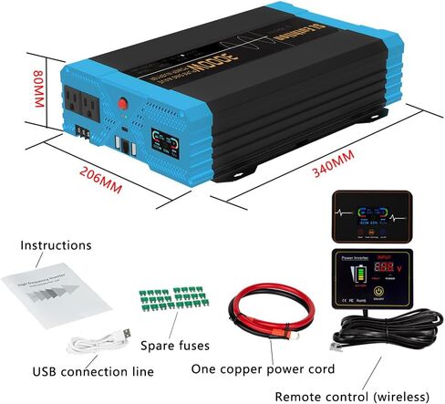 3000W/6000W(Peak) Pure Sine Wave Car Power Inverter 24V DC to 110V AC LCD Display, USB Port, Two Remote Control in Saudi Arabia