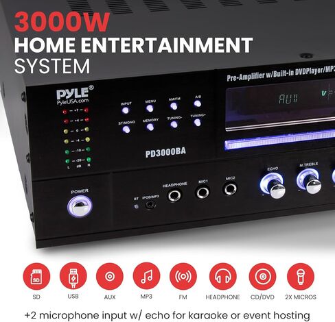 Pyle 4-Channel Home Theater Bluetooth Amplifier Receiver - 3000 Watt Stereo Speaker Home Audio Receiver w/ Radio, USB, 2 Microphone w/ Echo for Karaoke, CD DVD Player, LCD, Rack Mount - Pyle PD3000BT in Kuwait