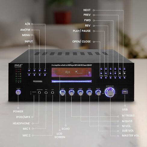 Pyle 4-Channel Home Theater Bluetooth Amplifier Receiver - 3000 Watt Stereo Speaker Home Audio Receiver w/ Radio, USB, 2 Microphone w/ Echo for Karaoke, CD DVD Player, LCD, Rack Mount - Pyle PD3000BT in Kuwait