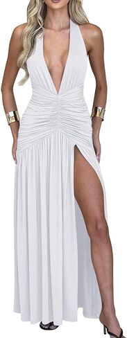 Memoriesea Women's Sexy Halter Deep V Neck High Slit Ruched Party Cocktail Maxi Dress in Kuwait