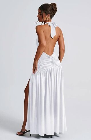 Memoriesea Women's Sexy Halter Deep V Neck High Slit Ruched Party Cocktail Maxi Dress in Kuwait