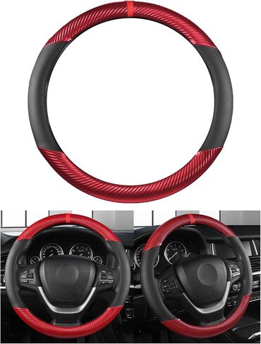 Car Steering Wheel Cover 15 inch,Anti-Slip Steering Wheel Protector, Carbon Fiber & Microfiber PU Leather Steering Wheel Cover for Women and Men, Universal Fit for Most Vehicles (Red) in Kuwait