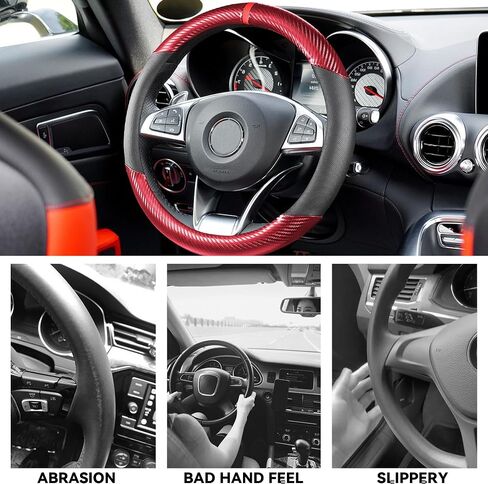 Car Steering Wheel Cover 15 inch,Anti-Slip Steering Wheel Protector, Carbon Fiber & Microfiber PU Leather Steering Wheel Cover for Women and Men, Universal Fit for Most Vehicles (Red) in Kuwait