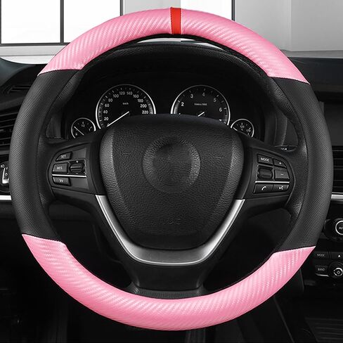 Car Steering Wheel Cover 15 inch,Anti-Slip Steering Wheel Protector, Carbon Fiber & Microfiber PU Leather Steering Wheel Cover for Women and Men, Universal Fit for Most Vehicles (Red) in Kuwait