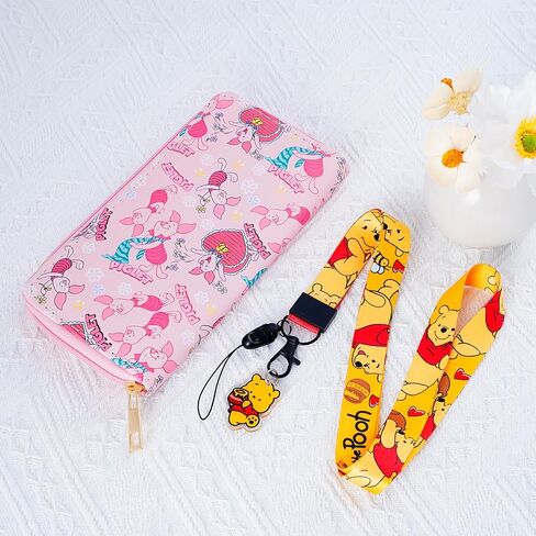 محفظة جلدية G-Ahora Cartoon Pooh Bear مع حبل قصير، سحاب ذو سعة كبيرة حول Pooh Bear محفظة حامل بطاقات الائتمان RFID للنساء (WC-Piglet-A) in Saudi Arabia