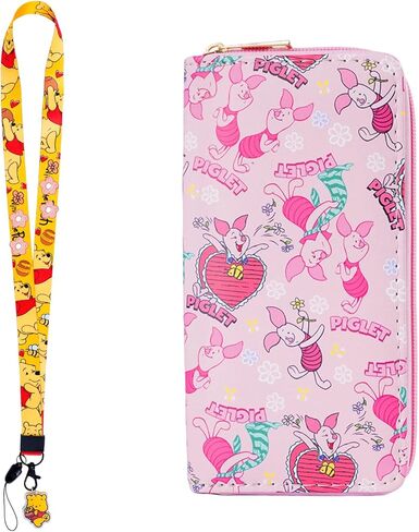 محفظة جلدية G-Ahora Cartoon Pooh Bear مع حبل قصير، سحاب ذو سعة كبيرة حول Pooh Bear محفظة حامل بطاقات الائتمان RFID للنساء (WC-Piglet-A) in Kuwait