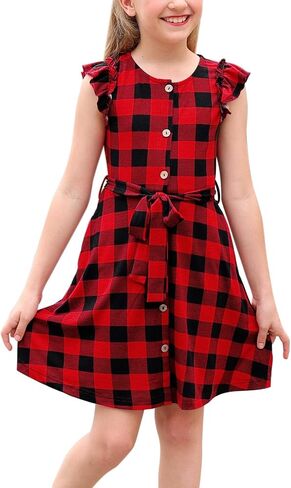 GORLYA Girl's Ruffle Trim Sleeve Button Down Floral Print Casual Vintage Midi Dress with Pockets for 4-12 Years Kids in Kuwait