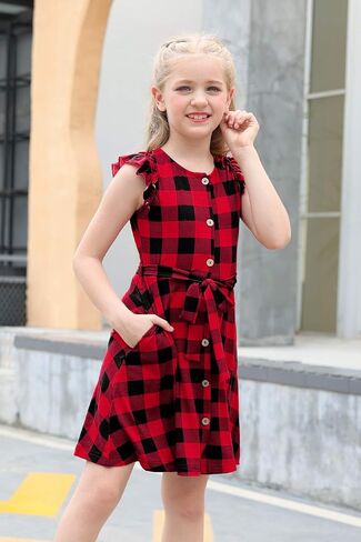 GORLYA Girl's Ruffle Trim Sleeve Button Down Floral Print Casual Vintage Midi Dress with Pockets for 4-12 Years Kids in Kuwait