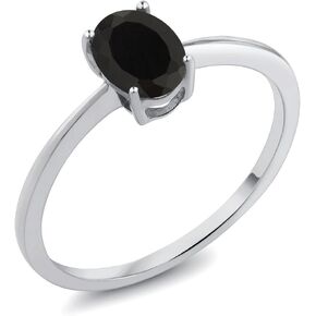Gem Stone King 10K White Gold Black Onyx Solitaire Engagement Ring For Women | 0.80 Cttw | Oval 7X5MM | Gemstone Birthstone, Wedding Anniversary Promise Gold Ring For Women
