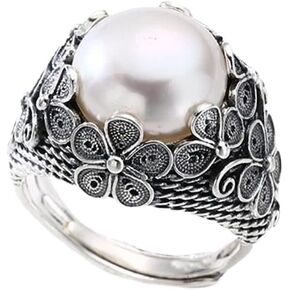 Adjustable Pearl Ring for Women Vintage Flower Ring Gift for Her Retro Wedding Engagement Ring White Pearl Rings for Women Promise Ring