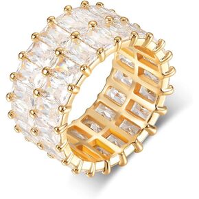 MDFUN 2 Rows Baguette Ring Eternity Bands Emerald Cut Cubic Zirconia Ring 18K White Gold/Yellow Gold Plated Engagement Promise Wedding Rings for Women Size 5-10