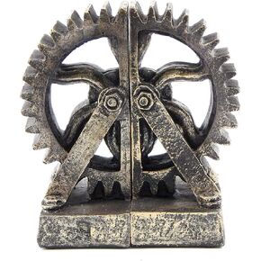 Bellaa 25662 Decorative Bookend Gear Book Ends Industrial Rustic Vintage Unique Heavy Statues Bookshelves Stopper Support Home Decor Accents