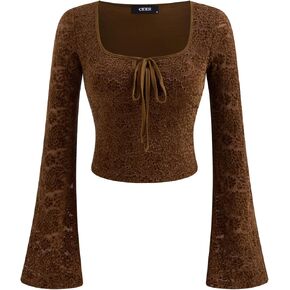 CIDER Women’s Bell Long Sleeve Shirts Square Neck Lace Casual Going Out Crop Tops