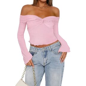 Off The Shoulder Tops for Women Long Sleeve Crop Blouses Twist Front Lettuce Trim Y2K Going Out Shirts