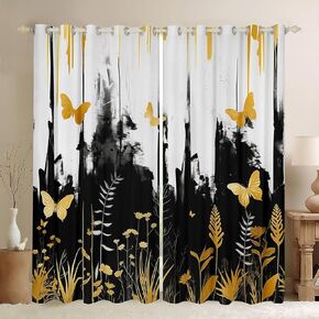Manfei Butterfly Window Curtains Gold Leaves Flower Window Treatments, Black and White Window Drapes for Kids Boy Girls Adult Room Decor Grommet Top 2 Panel Set Bedroom Curtains, 42Wx63L inch