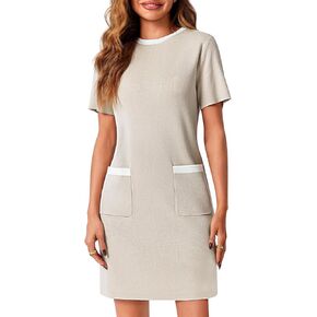 Wenrine Womens Work Dress Business Casual Contrast Color Elegant Short Sleeve Knit Summer Mini Dress