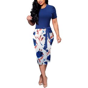 Women's Bodycon Dress Midi Work Casual Floral Prints Pencil Dresses with Belt