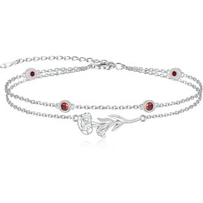 MANBU Birthstone Birth Flower Bracelet for Women: Sterling Silver double Layer Chain Birthstone Bracelet Birthday Gift for Teen