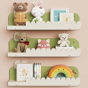 Nursery Floating Shelves, 16.5 Inches Cute Decorative Shelf for Bedroom, Kids' Room, Wall Mounted Wood Bookshelf Organizer for Wall Storage, White/Avocado, Set of 3