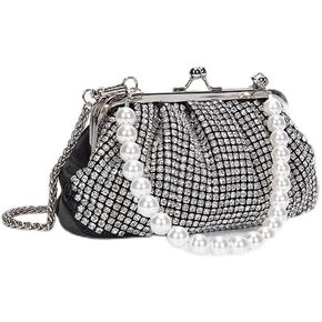 Women Evening Bag Pearl Strap Clutch Purse Bling Crystal Sparkly Rhinestone Handbag for Wedding Prom Party