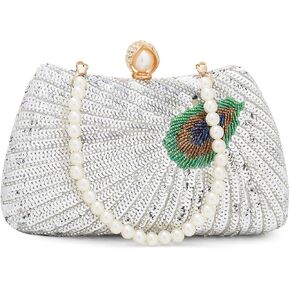 Tmore Beaded Peacock Clutch Purse Pearl Evening Bag Detachable Chain Sparkly Handbags for Wedding Prom Party