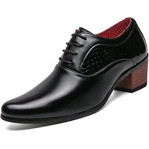 Men's Leather Derby Oxfords Shoes Classic Lace-up Low Top Pointed Toe Embossed Block High Heel Business Wedding Dress Shoes