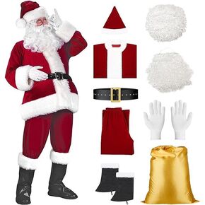 Santa Claus Costume for Men, 9PCS Deluxe Santa Costume Christmas Velvet Santa Suit Adults Men Professional