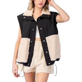 Women’s Sherpa Fleece Contrast Puffer Vest Fuzzy Button Down Jackets Outerwear with Pockets